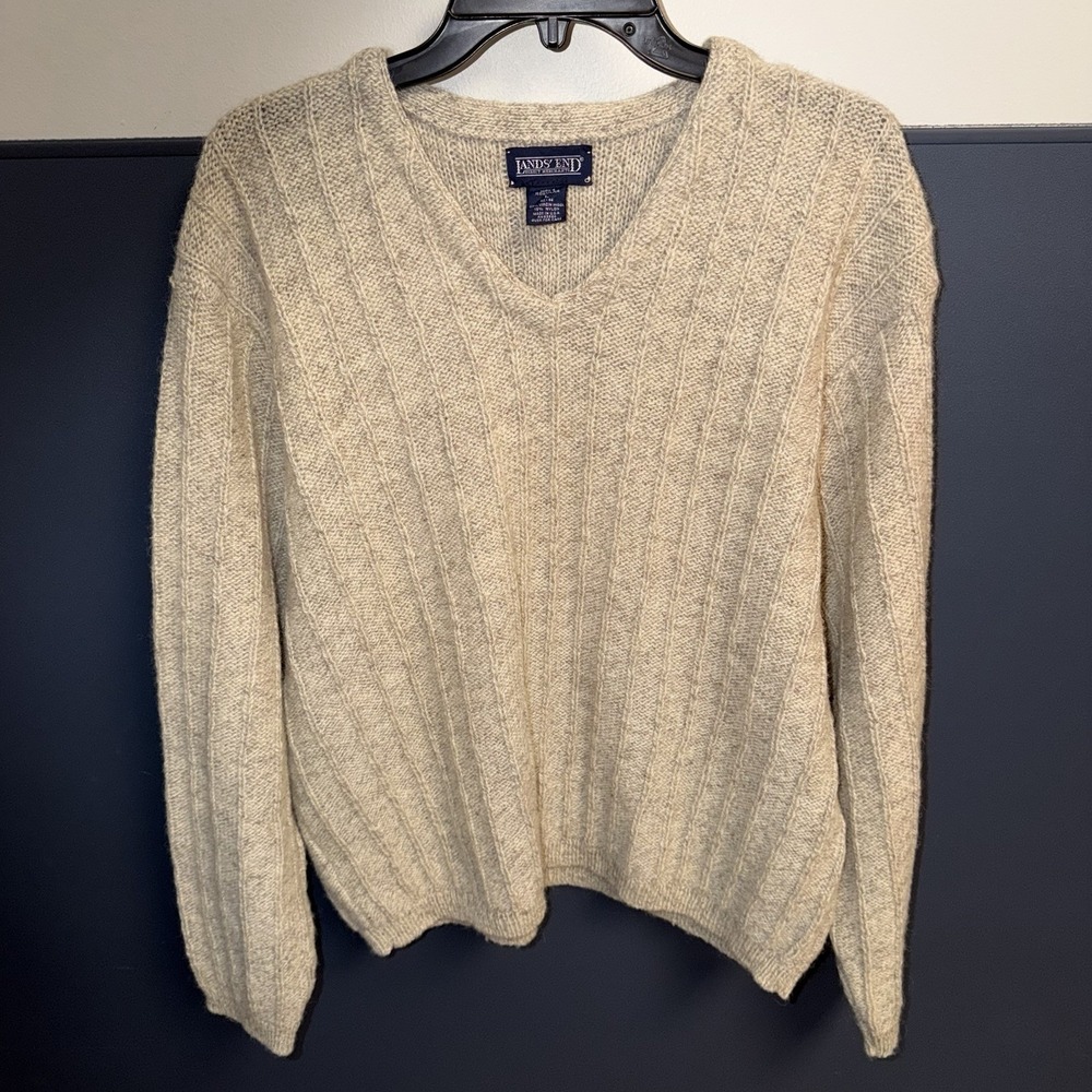 Land's End Sweater Men's Preppy Cable Beige Virgin Wool Blend V Neck L 42-44